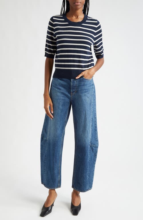 Veronica Beard Shana Stripe Short Sleeve Cashmere Sweater In Navy Ivory