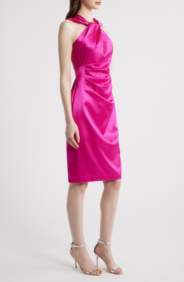 Eliza J Twist Neck Satin Cocktail Dress, Alternate, color, Fuchsia