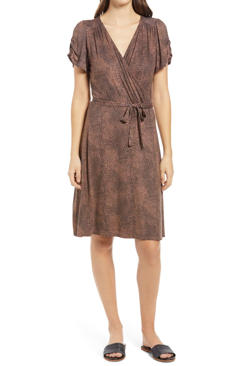 Animal Print Wrap Front Dress, Main, color, TAN/ BLACK