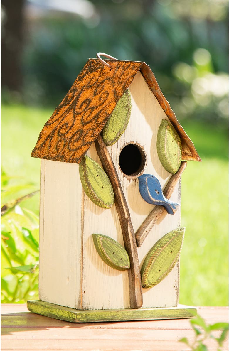 Glitzhome 10"H Multicolor Cute Distressed Solid Wood Birdhouse with 3D Flowers, Alternate, color, White