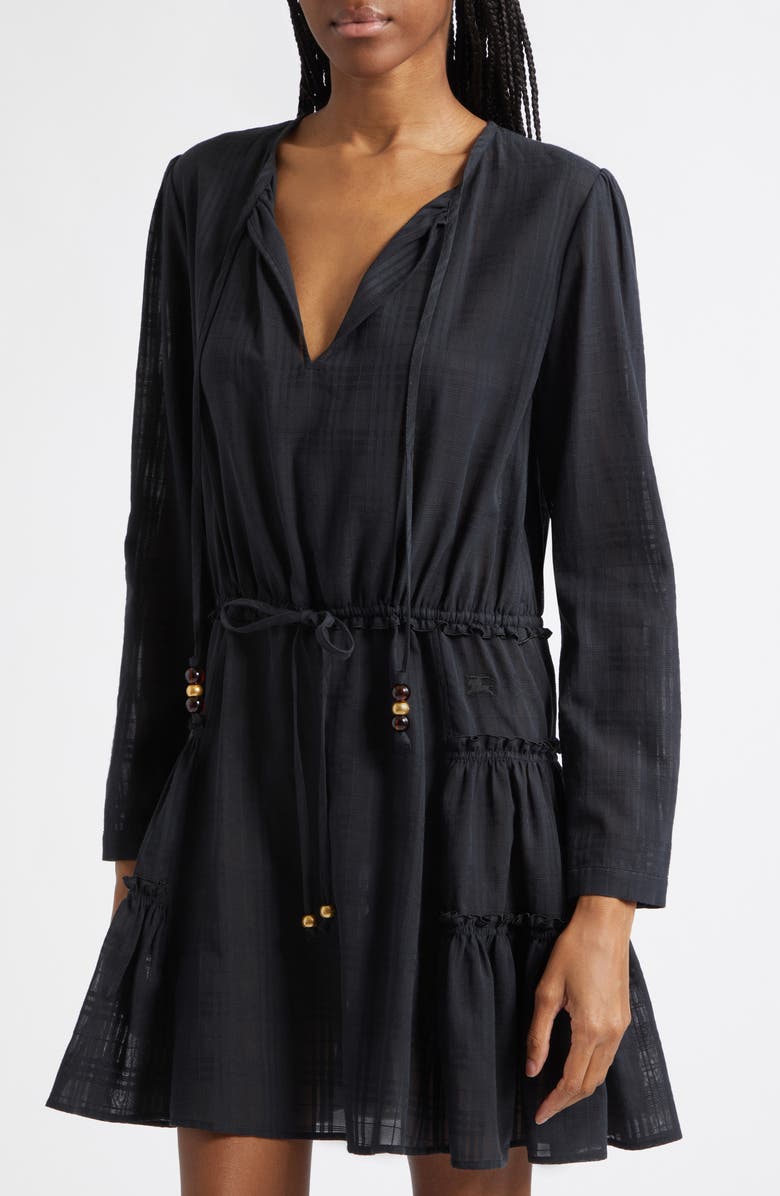 Burberry Lauren Check Long Sleeve Cotton Voile Dress, Alternate, color, Black Ip Check