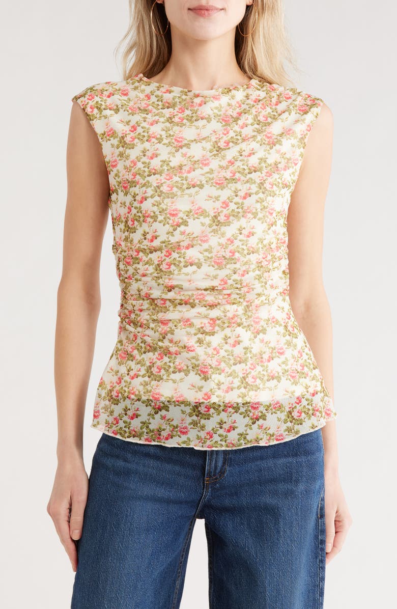 Vigoss Floral Ruched Mesh Top, Main, color, Sage Floral