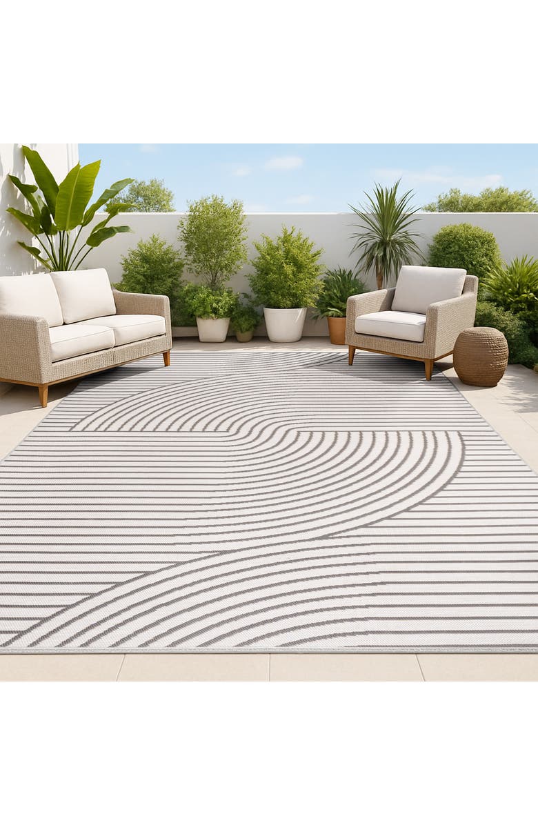JONATHAN Y Arielle Mid-Century Modern Curve Stripe Reversible Machine-Washable Indoor/Outdoor Area Rug, Alternate, color, Dark Gray/Cream