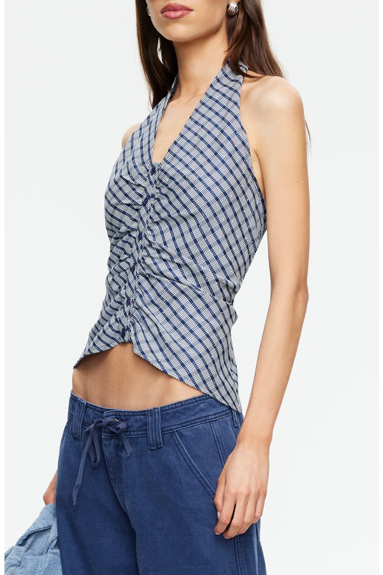 Power Hour Rhinestone Detail Plaid Halter Top, Alternate, color, NAVY PLAID
