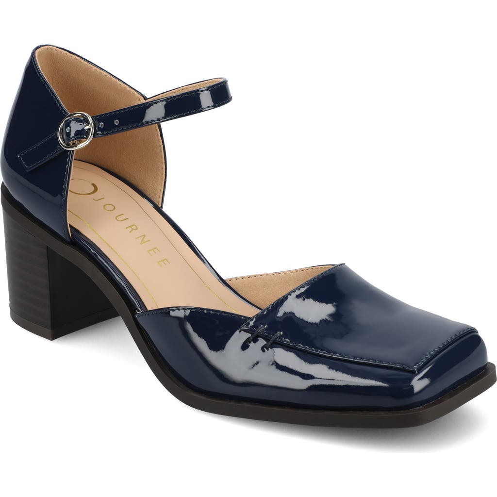 Shop Journee Collection Evangeline Block Heel Pump In Navy Patent