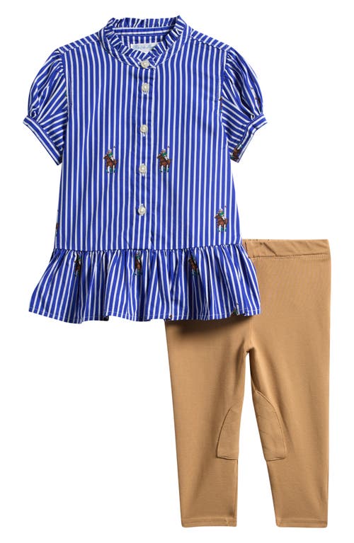Ralph Lauren Pony Bear Stripe Ruffle Shirt & Pants Set In Multi