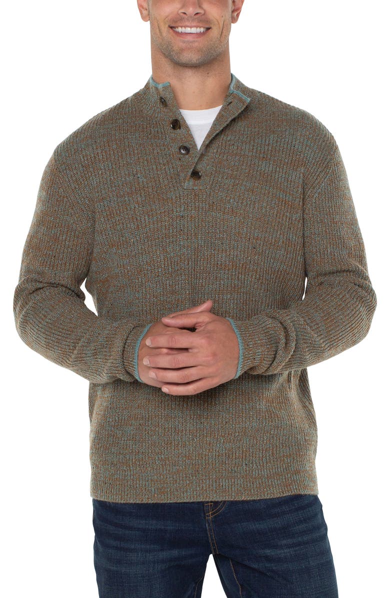 Liverpool Los Angeles Button Mock Neck Marled Sweater, Alternate, color, Caramel Multi