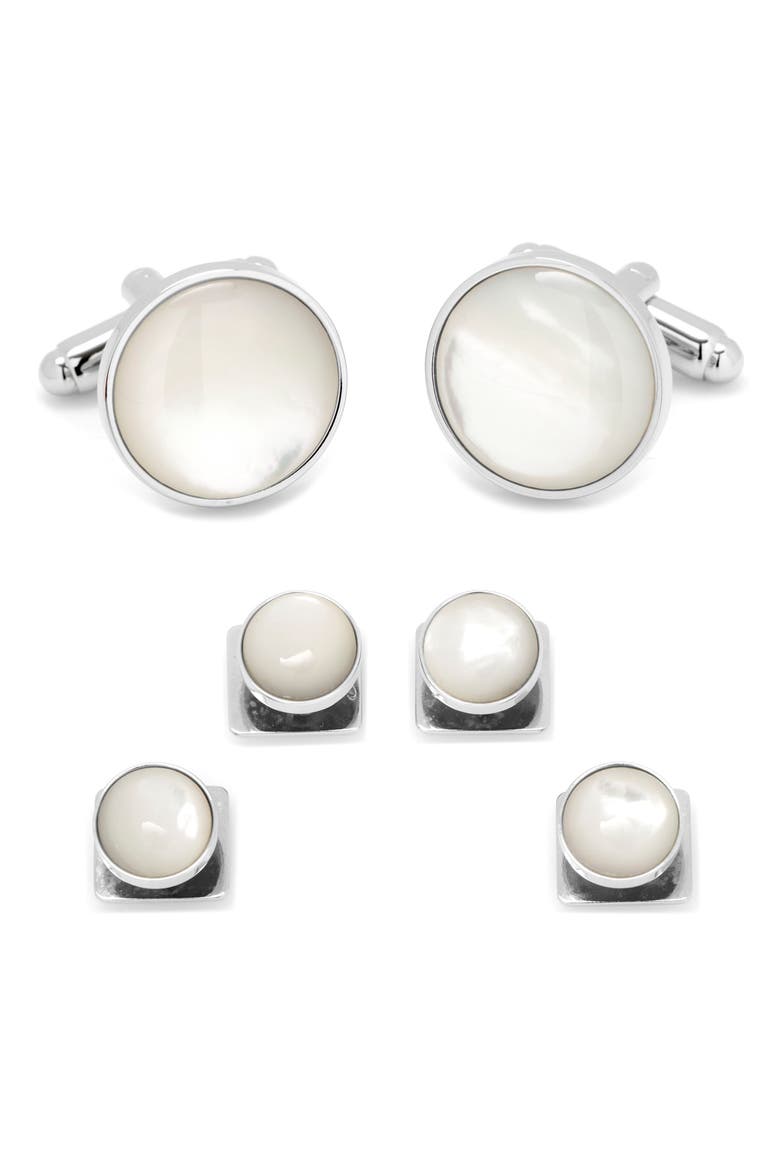 Mother-of-Pearl Cuff Link & Stud Set, Main, color, SILVER/ WHITE