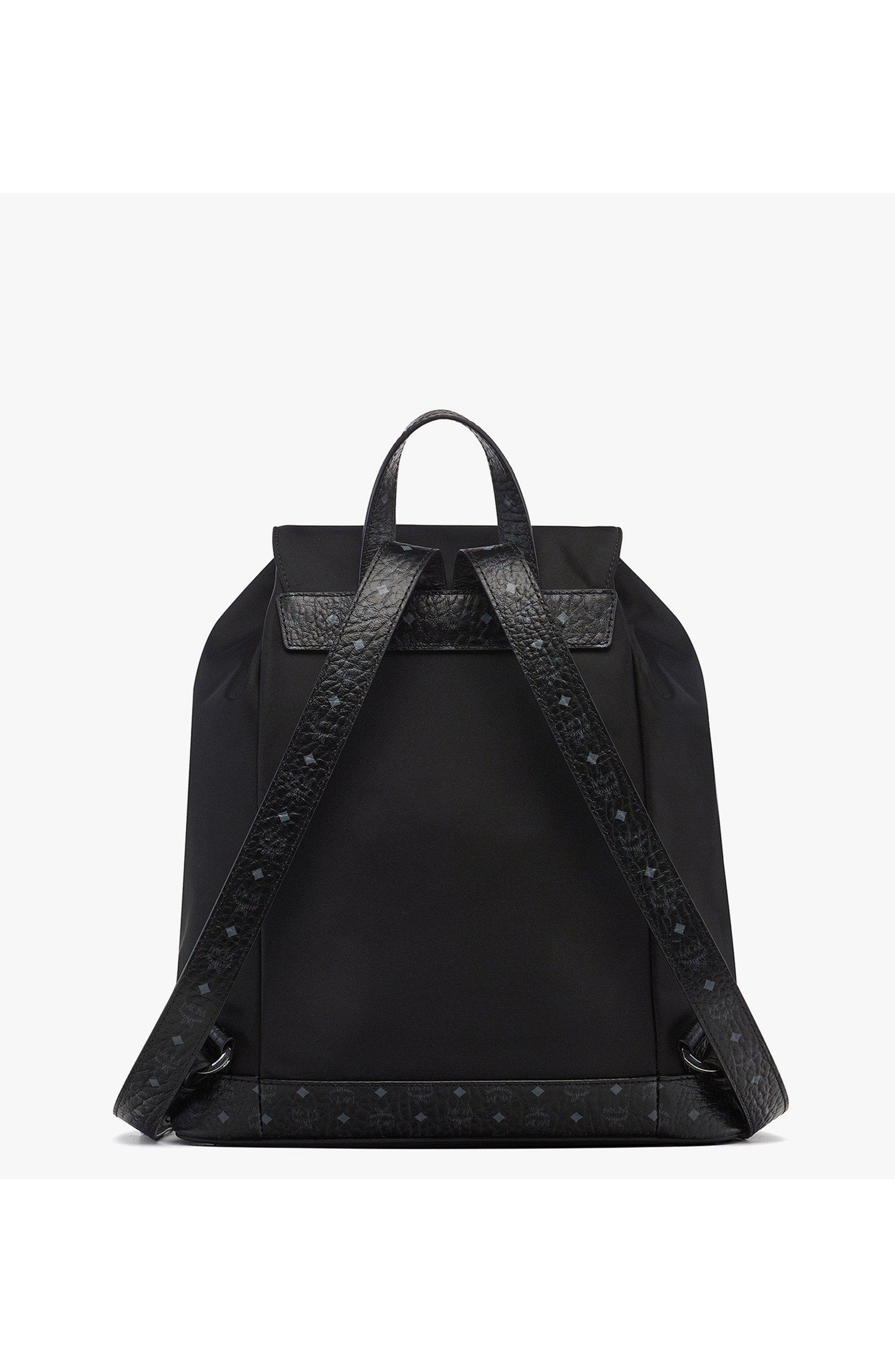 MCM Small Aren Drawstring Backpack in ECONYL and Leather, Alternate, color, Black