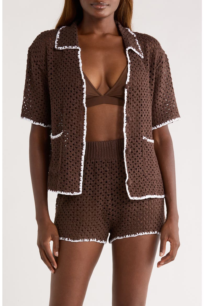 Crochet Button-Up Cover-Up, Main, color, BROWN