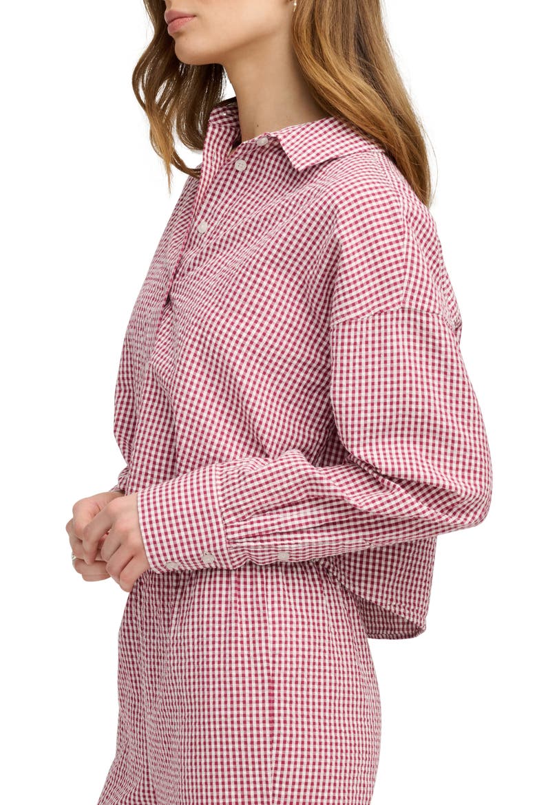 Crop Cotton Gingham Button-Up Shirt, Alternate, color, RASPBERRY/ WHITE
