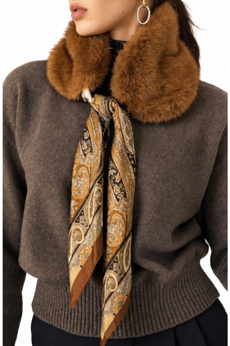 Paisley Faux Fur Trim Scarf, Main, color, LIGHT BROWN