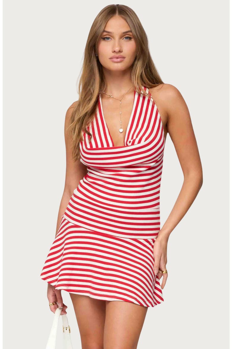 Stripe Cowl Neck Halter Minidress, Alternate, color, RED-AND-WHITE