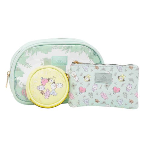 Bt21 3-piece Makeup Bag Set - Clear Pvc + Pastel Print