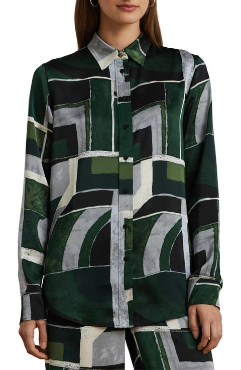 Classic Fit Geo Print Charmeuse Button-Up Shirt (Petite)