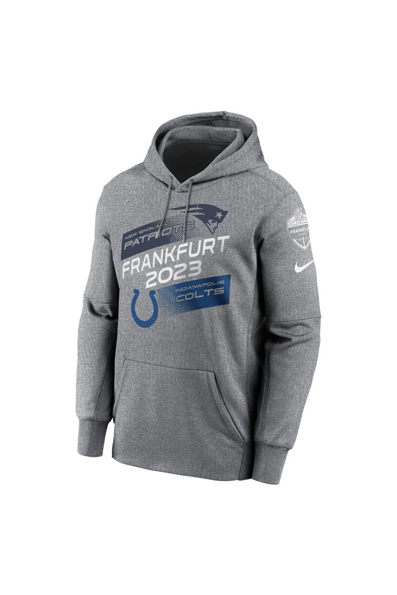 Men's Nike Heather Charcoal New England Patriots vs. Indianapolis Colts 2023 Frankfurt Game Pullover Hoodie, Alternate, color, Heather Charcoal