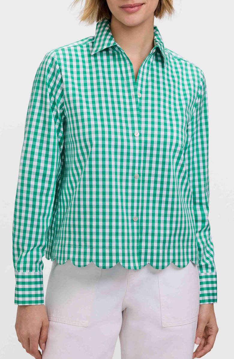 Foxcroft Scarlett Gingham Scallop Hem Button-Up Shirt, Main, color, Green/ White