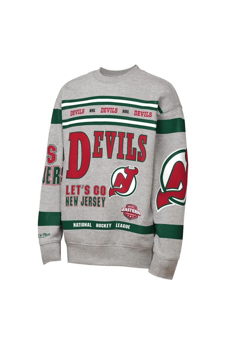 Youth Mitchell & Ness Heather Gray New Jersey Devils Allover Print Fleece Crewneck Sweatshirt, Alternate, color, Heather Gray