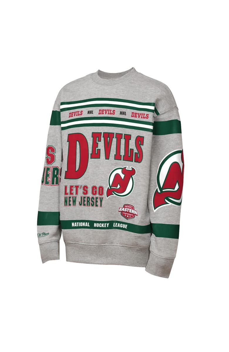 Mitchell & Ness Youth Mitchell & Ness Heather Gray New Jersey Devils Allover Print Fleece Crewneck Sweatshirt, Alternate, color, Heather Gray