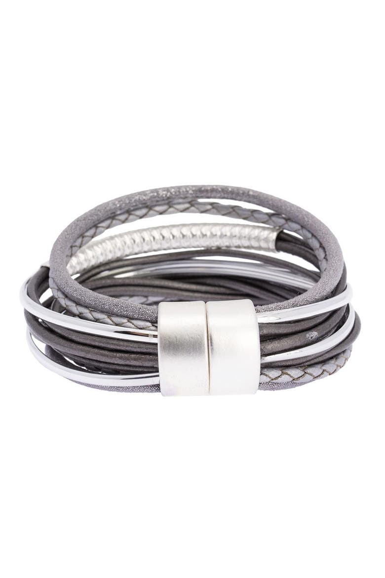 Hammered Tube Leather & Faux Suede Multi-Strand Bracelet, Alternate, color, GREY