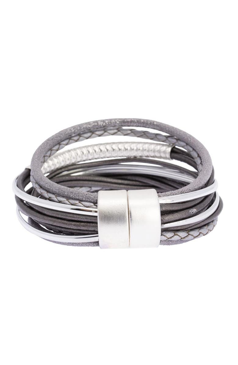SAACHI Hammered Tube Leather & Faux Suede Multi-Strand Bracelet, Alternate, color, Grey