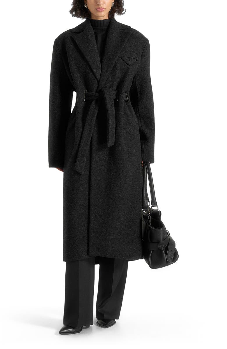 Manière De Voir Jena Wide Shoulder Wool Coat with Cinch Belt, Alternate, color, Black