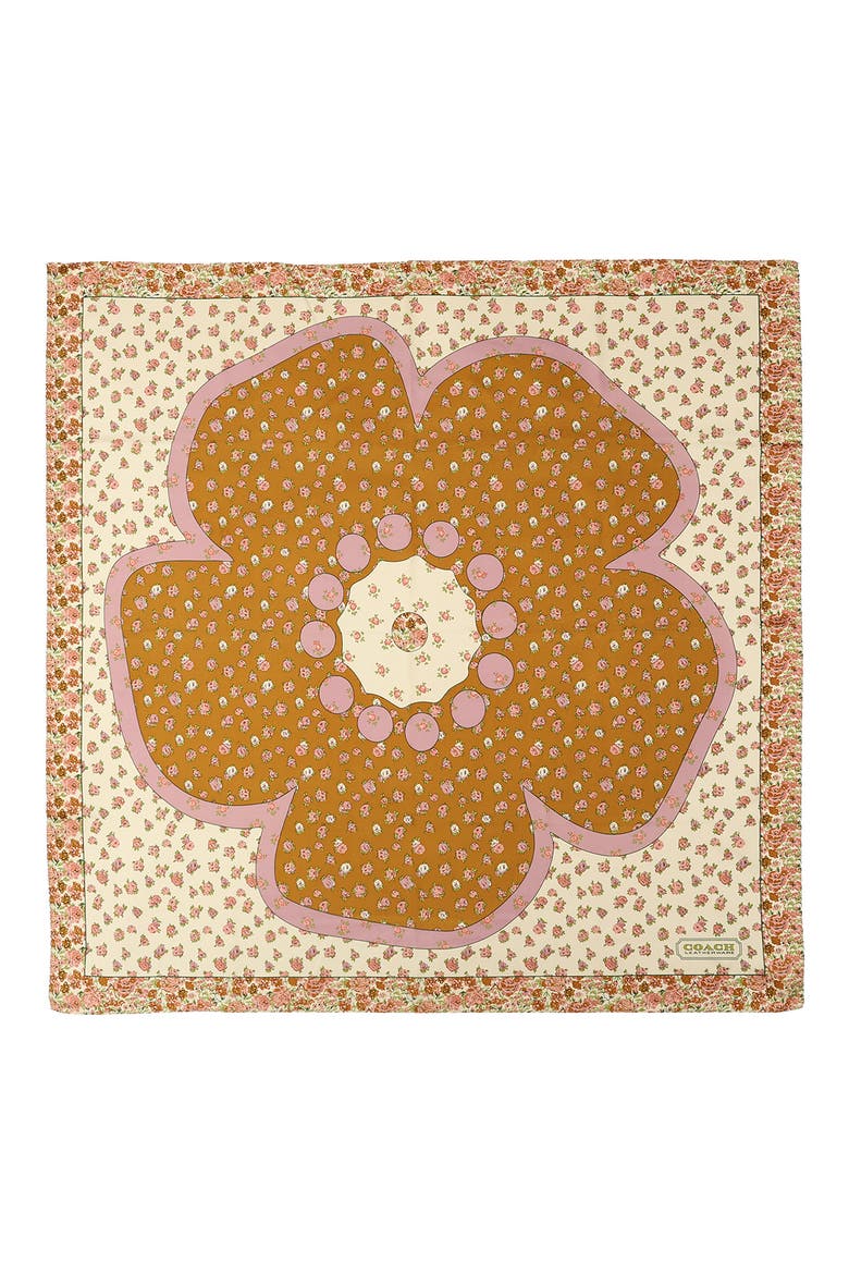 Tea Rose Multi Floral Print Silk Square Scarf, Main, color, HONEY BROWN