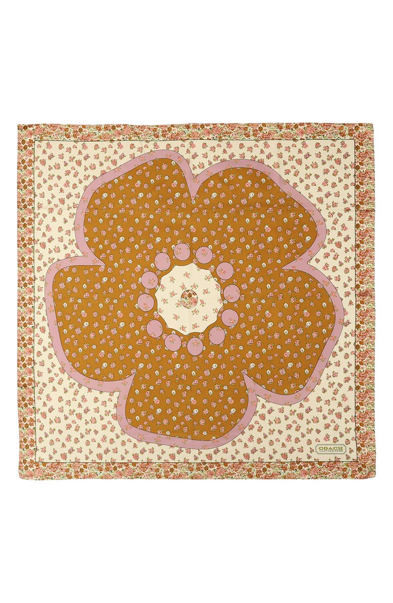 COACH Tea Rose Multi Floral Print Silk Square Scarf, Main, color, Honey Brown