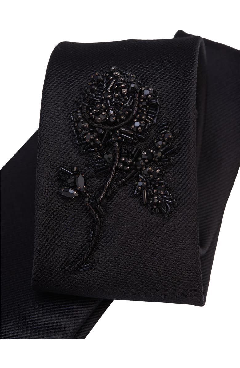 McQueen Jet Crystal Rose Embellished Silk Tie, Alternate, color, 