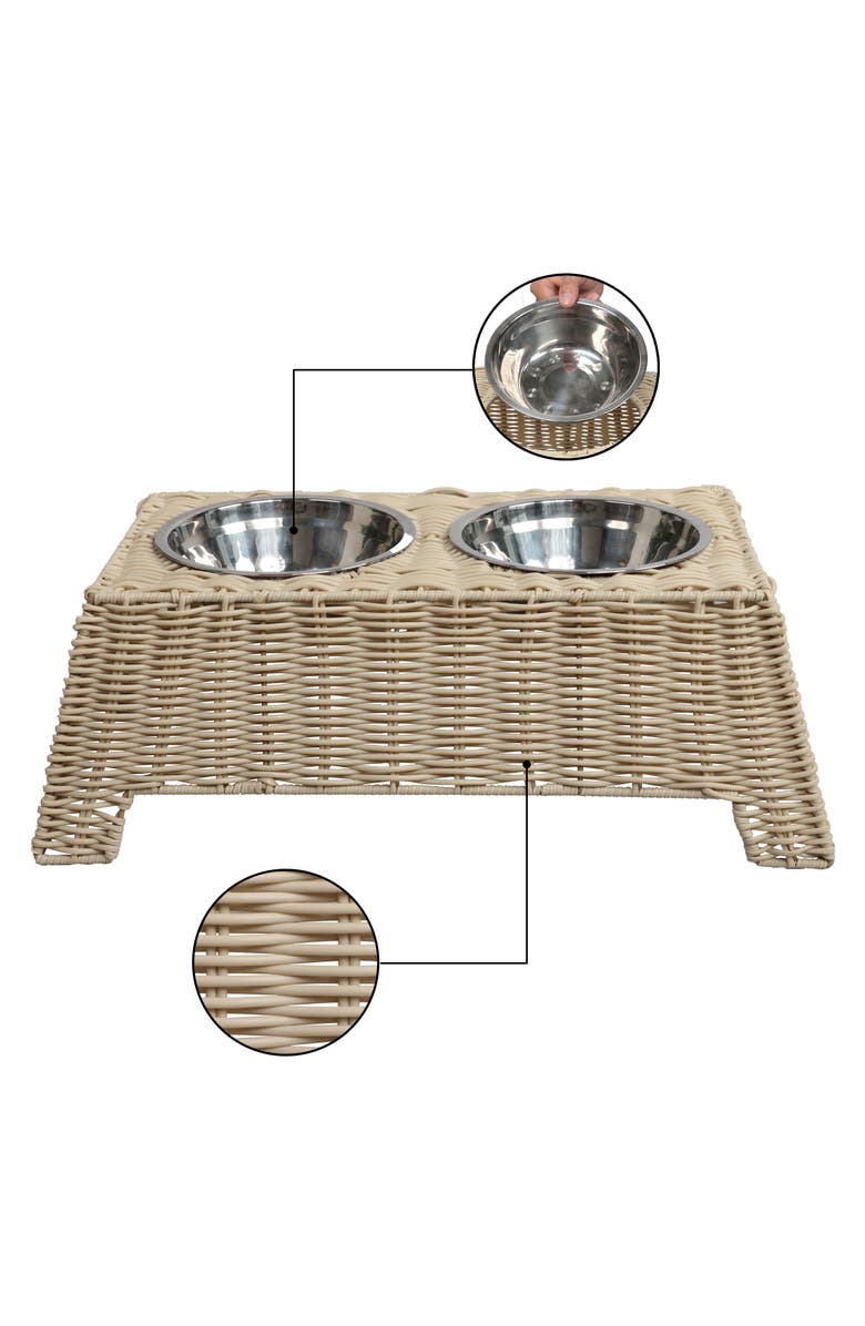 The Licker Store Serenity 6.9" Small/Medium Elevated Wicker Pet Feeder with 18oz (2.2 Cups) 2-Stainless Steel Bowls, Alternate, color, Almond