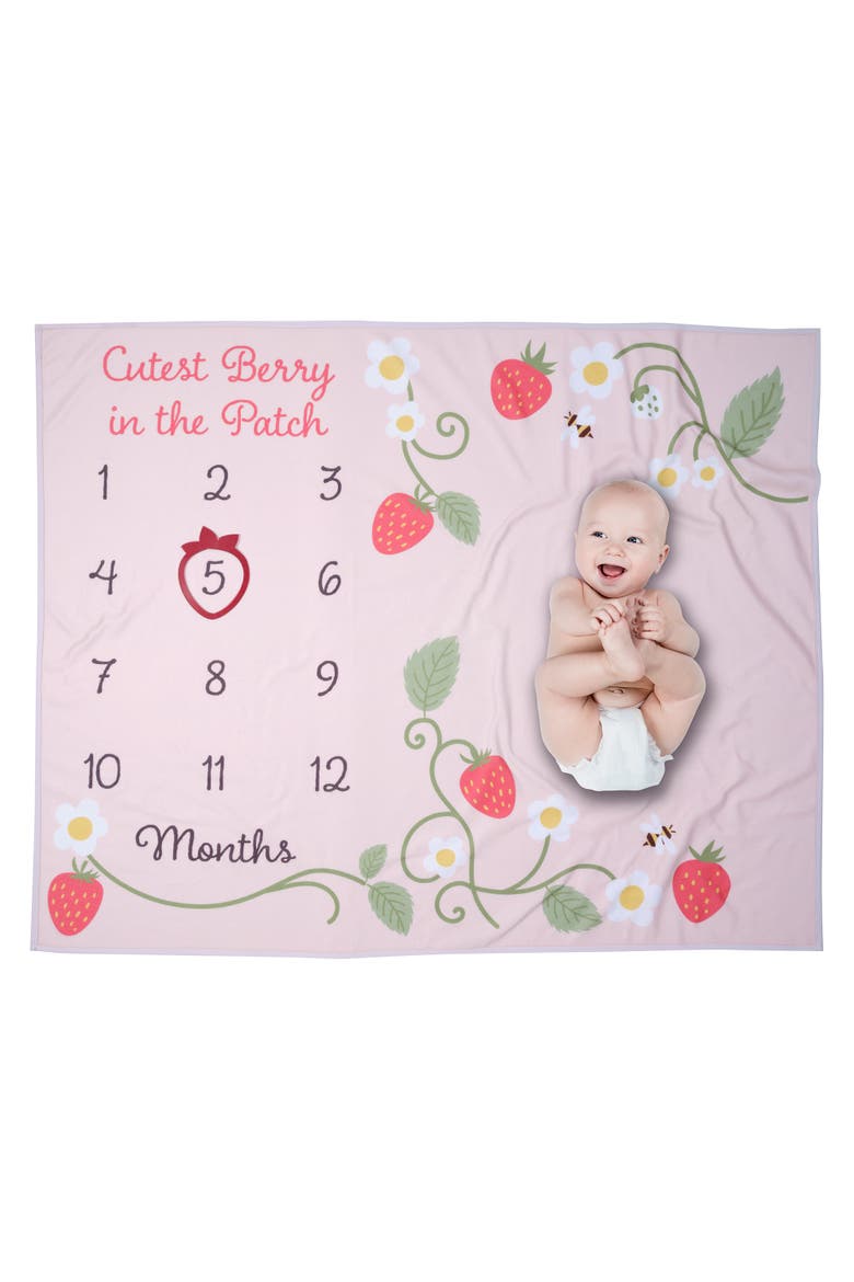 Strawberry Patch Milestone Photo Opportunity Fleece Baby Blanket, Main, color, Pink