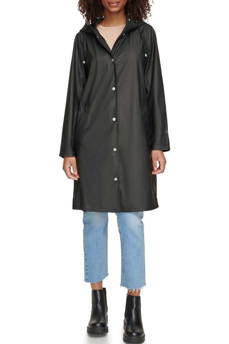 Water Resistant Hooded Long Rain Jacket, Main, color, BLACK