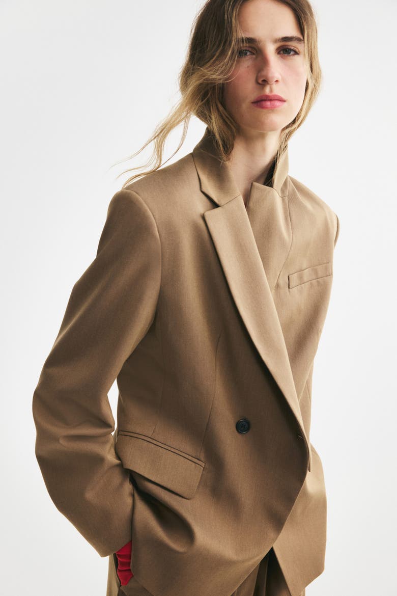 Defined-Waist Double-Breasted Blazer, Main, color, Dark beige
