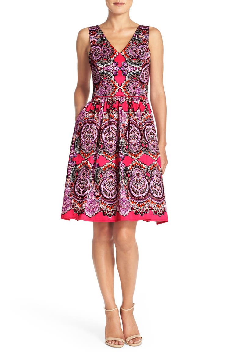 Print Sateen Fit & Flare Dress, Alternate, color, PINK/ LILAC