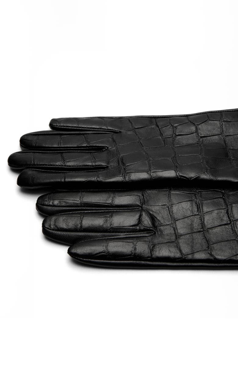MANGO Selection Long Croc Embossed Leather Gloves, Alternate, color, Black