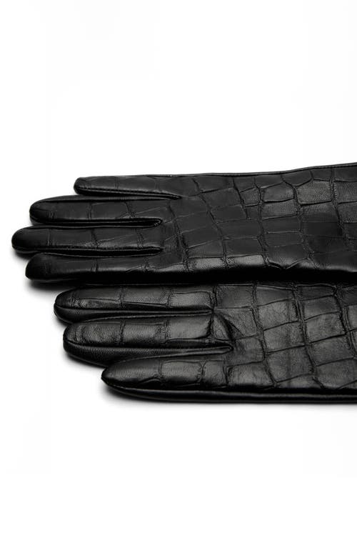 Mango Long Croc Embossed Leather Gloves In Black