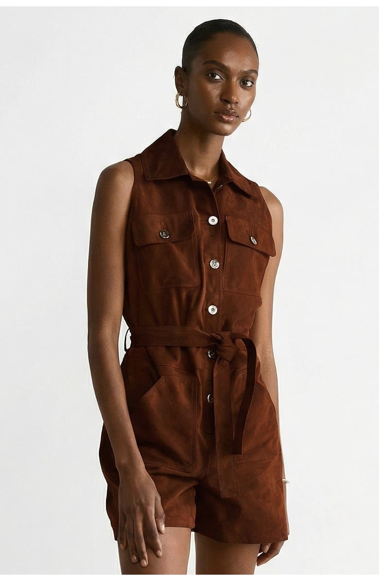 FURNIQ UK Alina Suede Romper, Main, color, Chestnut