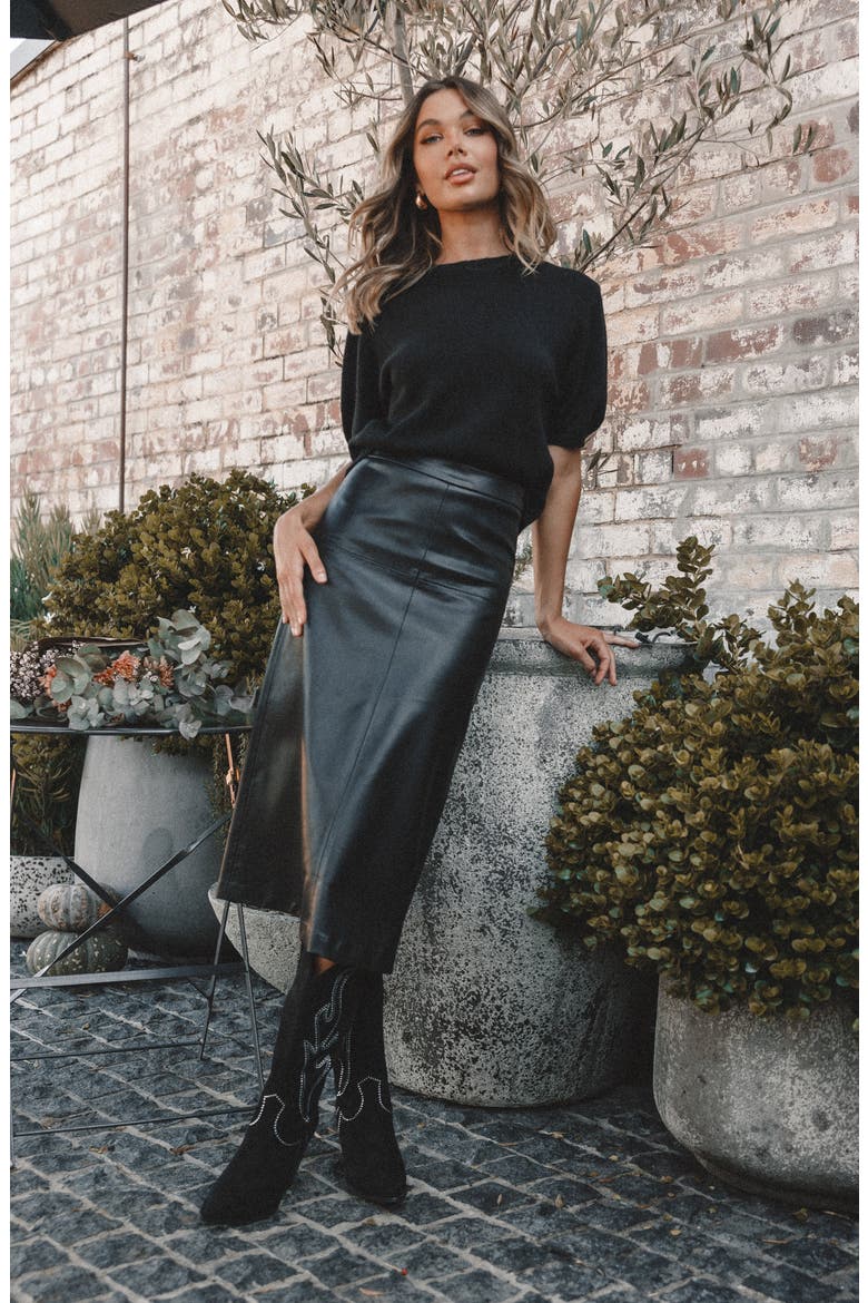 Miller Faux Leather Midi Skirt, Alternate, color, BLACK