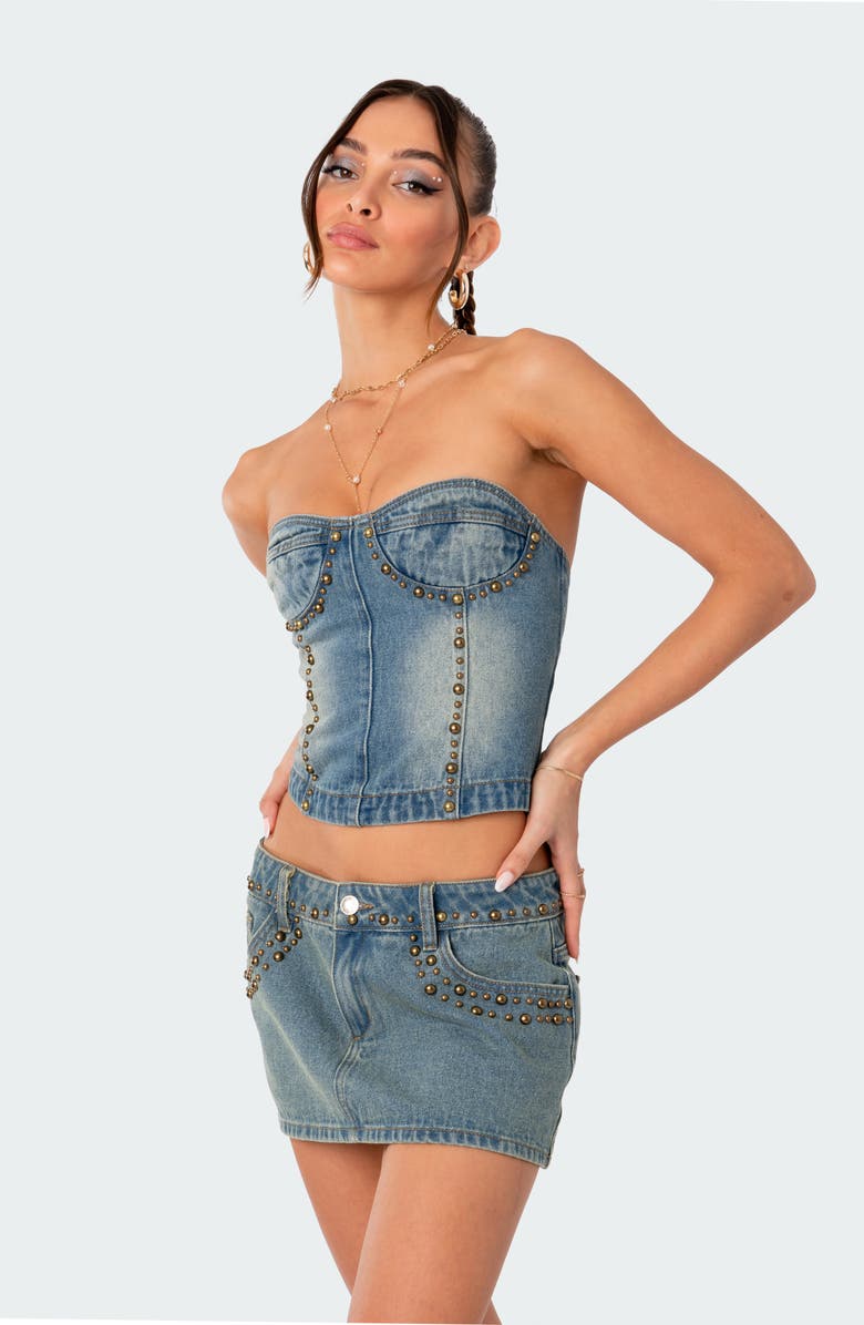EDIKTED Studded Denim Lace-Up Corset Crop Top, Alternate, color, 