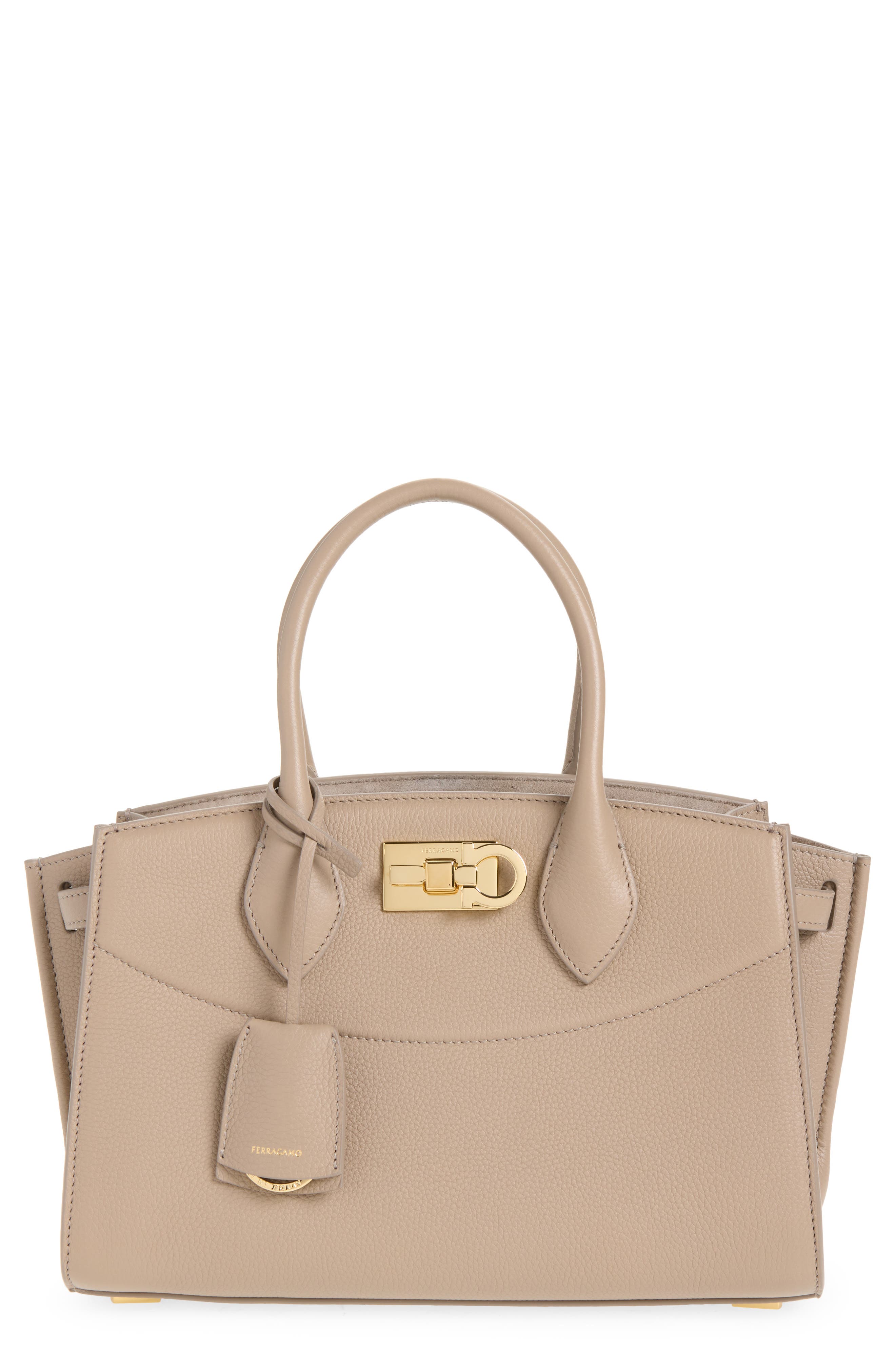 FERRAGAMO Small The Studio Soft Leather Top Handle Bag, Main, color, Warm Taupe