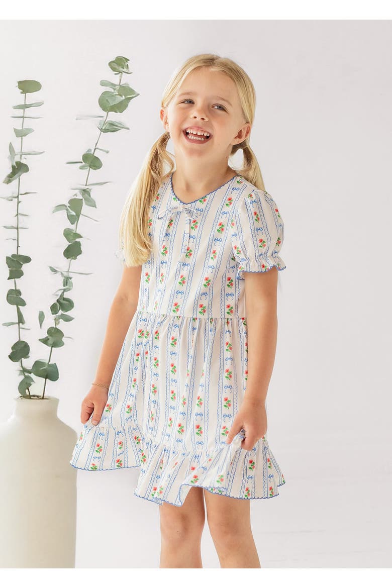 Blooms and Bows Short Gathered Ruffle Sleeve Dress, Alternate, color, Blue