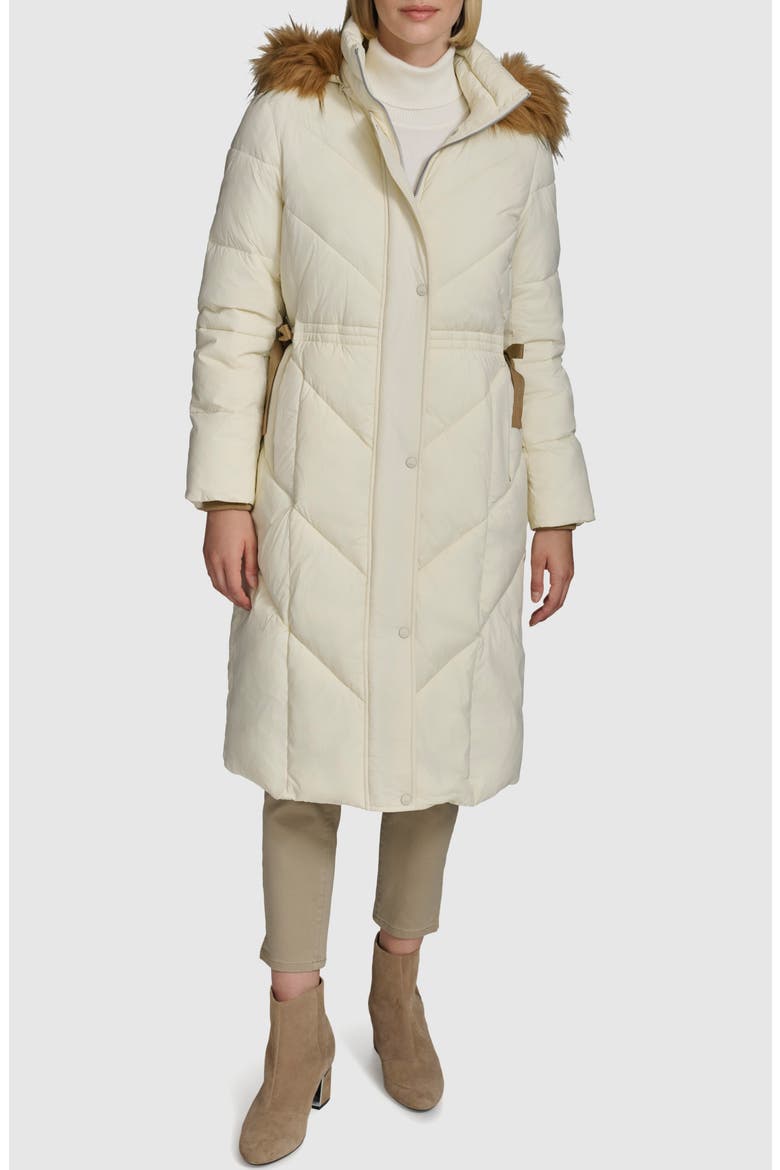 Lennox Hooded Puffer Coat with Faux Fur Trim, Main, color, LINEN