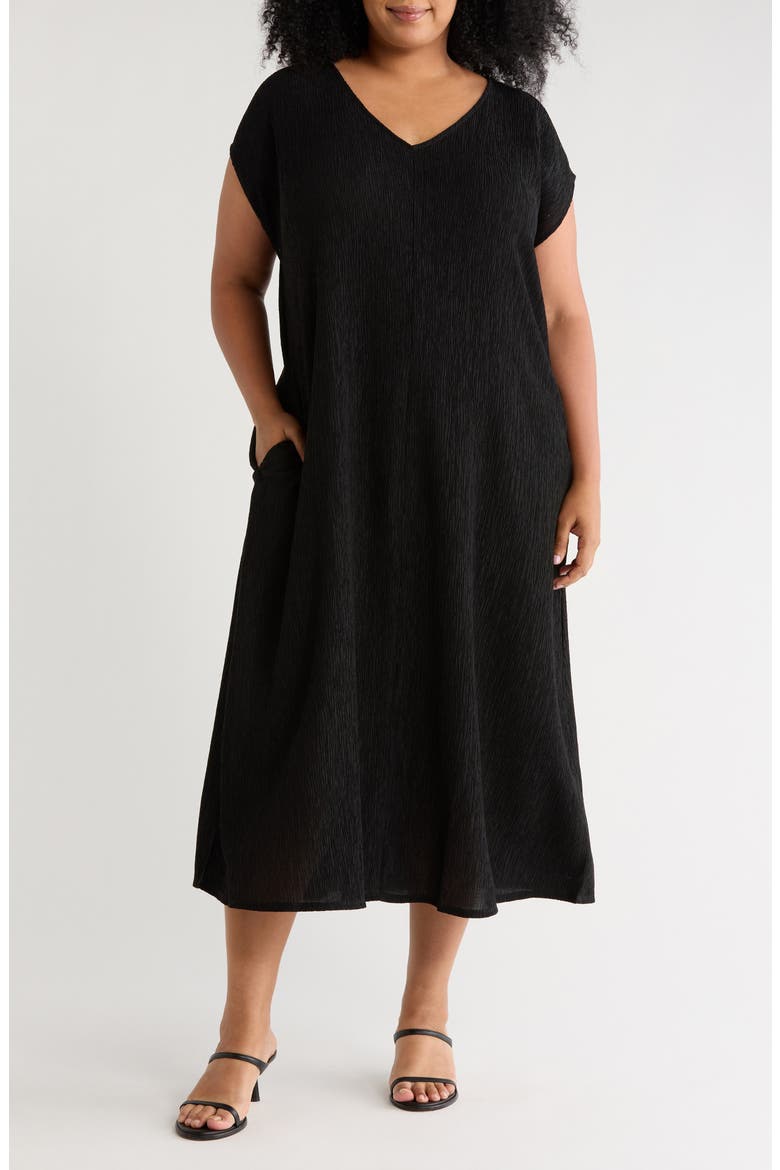 V-Neck Cap Sleeve Crinkle Dress, Main, color, BLACK