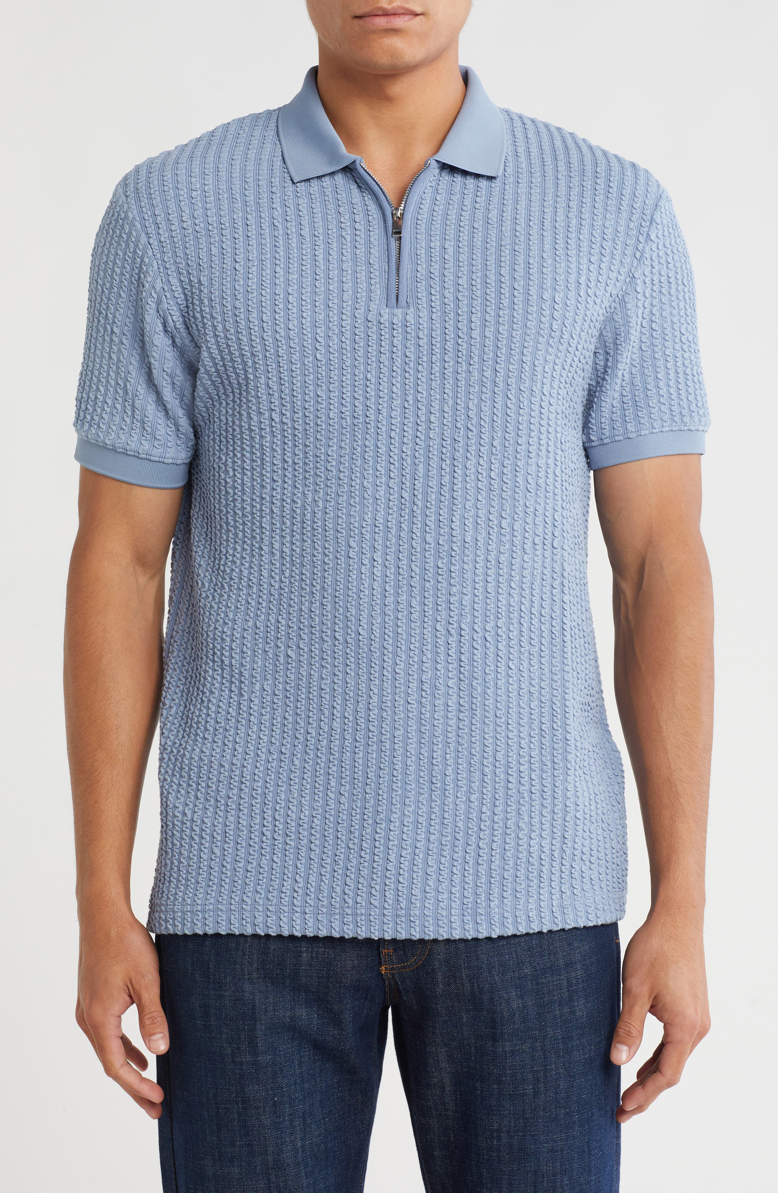 DENIM AND FLOWER Vertical Stripe Textured Quarter Zip Polo