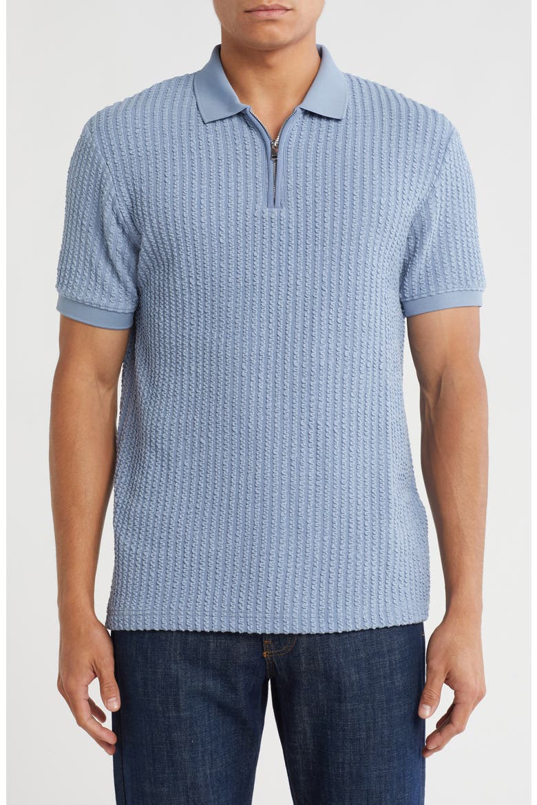 Vertical Stripe Textured Quarter Zip Polo, Main, color, BLUE