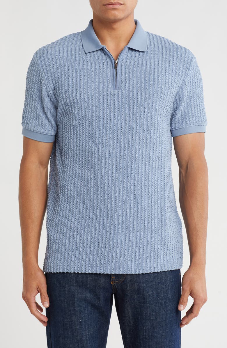 DENIM AND FLOWER Vertical Stripe Textured Quarter Zip Polo, Main, color, Blue