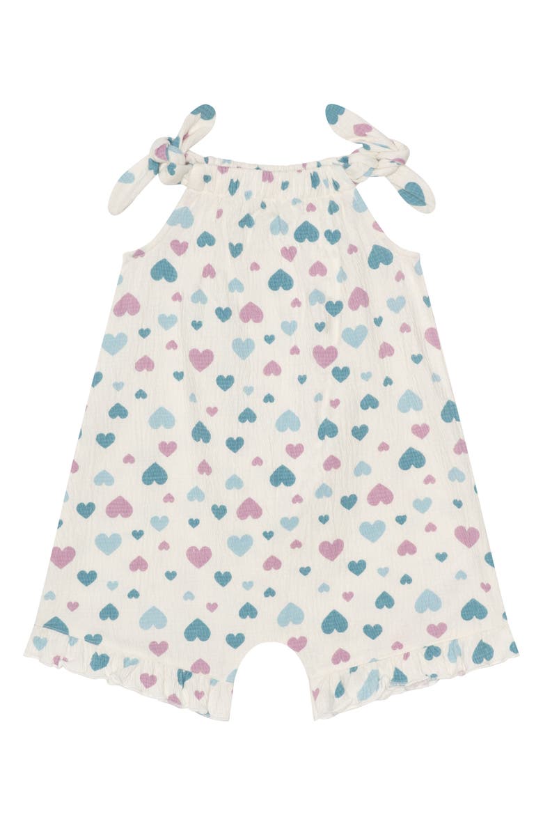 Petit Lem’s Mini Threads Print Romper, Hat & Sunglasses Set, Alternate, color, Beige Hearts