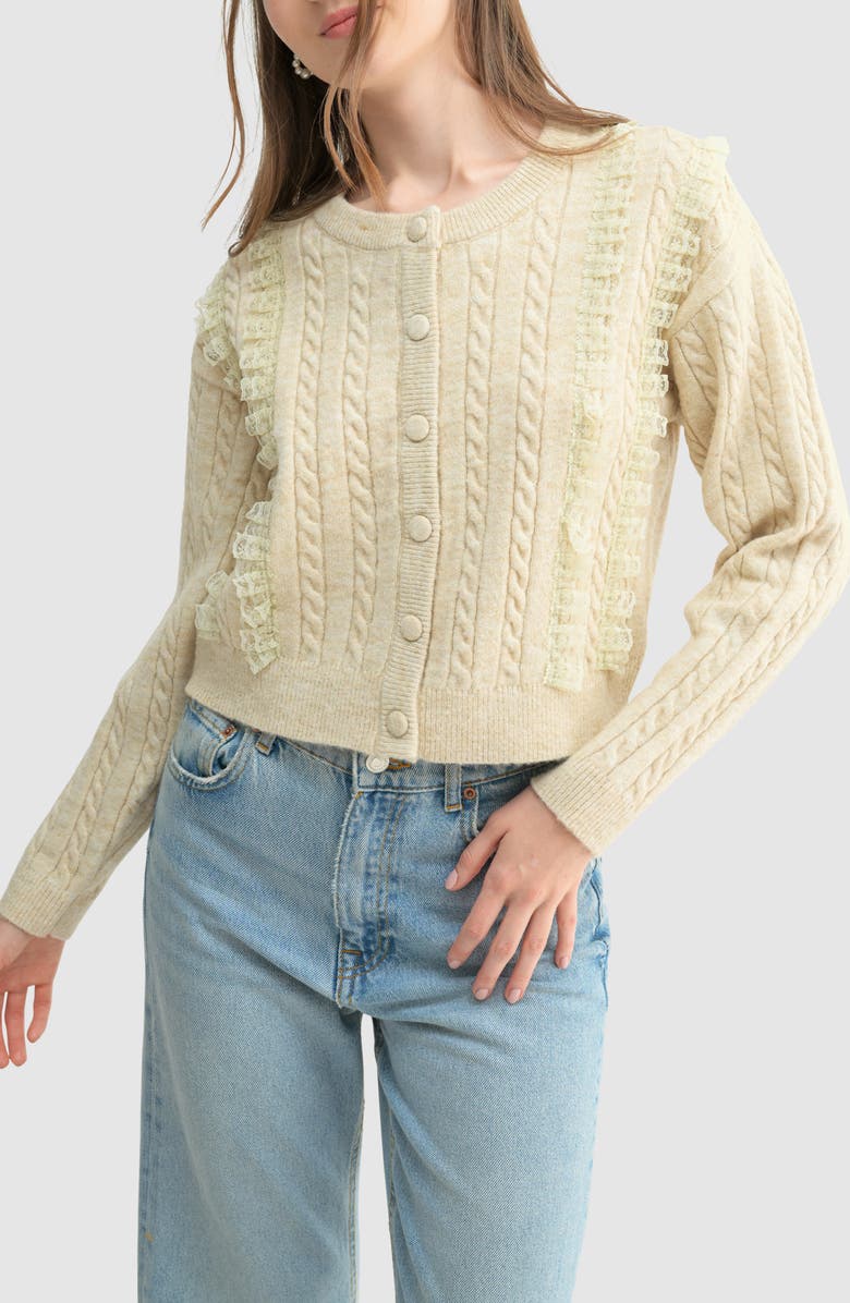 Lush Cable Knit Ruffle Cardigan, Alternate, color, Oatmeal