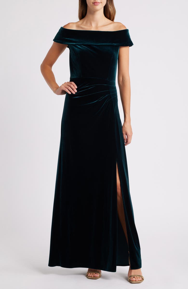 Alex Evenings Off the Shoulder Stretch Velvet Gown, Main, color, 