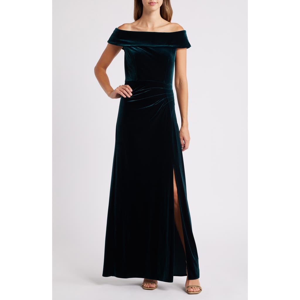 Alex Evenings Off the Shoulder Stretch Velvet Gown in Forest